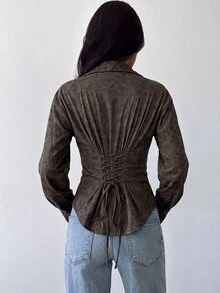 Firerie 女款時尚休閒優雅長袖鈕扣襯衫，領口設計，獨特紋理面料，皮革上衣，辦公室穿搭，橄欖綠 - 棕色 - 查看 3
