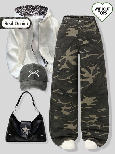 SHEIN Pantalones largos de pierna ancha de mezclilla para niñas, cintura alta, pierna recta, ajuste ancho, verde militar camuflaje, adecuado para todas las estaciones, estilo clásico de moda Y2K, perfecto para uso casual en la calle, desplazamientos diarios, compras, salidas