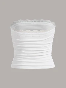 Sweetina Áo ống phía trước có viền ren tương phản, có nơ bên hông, áo ren tương phản, không dây nhún, vừa vặn màu trắng trơn dành cho nữ, mùa xuân/hè, trang phục thường ngày giản dị - trắng - Xem 2