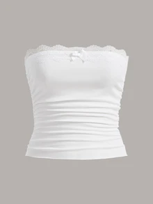 Sweetina Áo ống phía trước có viền ren tương phản, có nơ bên hông, áo ren tương phản, không dây nhún, vừa vặn màu trắng trơn dành cho nữ, mùa xuân/hè, trang phục thường ngày giản dị - trắng - Xem 4