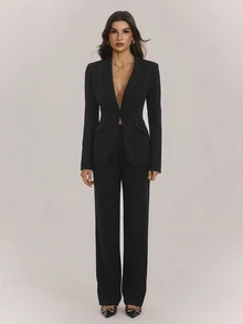 SHEIN Tall Autumn/Winter Sexy Commute Date Black Long Sleeve Blazer, Vest And Pants 3 Pieces Set - Black - View 7