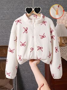 SHEIN 1pc Tween Girls' Stand Collar Zip-Up Fur-Trimmed Jacket With All-Over Heart Print, Casual Jacket Top For Autumn/Winter - White - View 7
