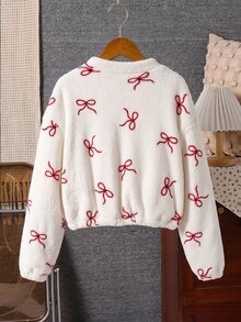 SHEIN 1pc Tween Girls' Stand Collar Zip-Up Fur-Trimmed Jacket With All-Over Heart Print, Casual Jacket Top For Autumn/Winter - White - View 2