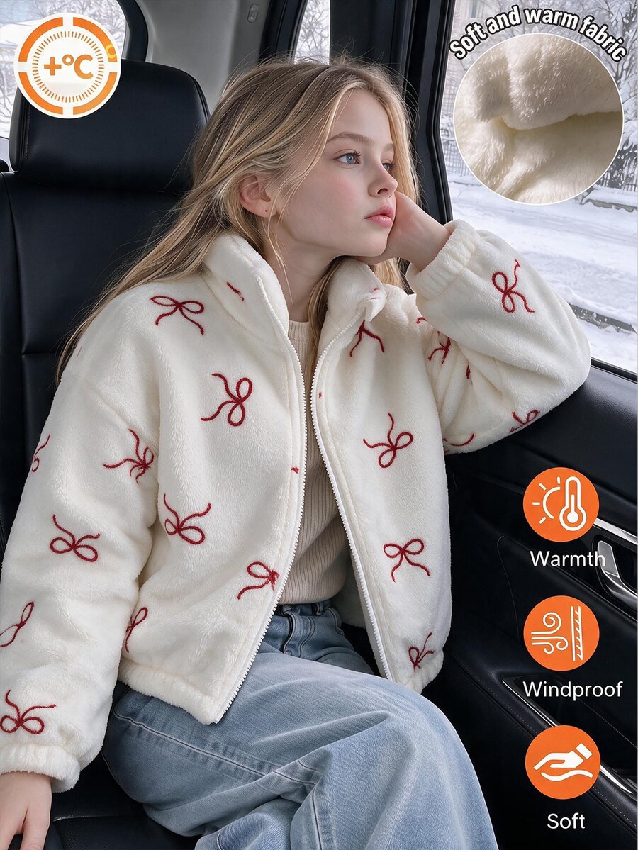 SHEIN 1pc Tween Girls' Stand Collar Zip-Up Fur-Trimmed Jacket With All-Over Heart Print, Casual Jacket Top For Autumn/Winter - White - View 1