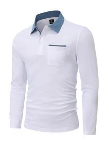 Calvornis 男士拼色長袖休閒口袋通勤 Polo 衫 - 白色 - 查看 3