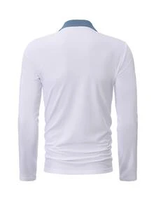 Calvornis 男士拼色長袖休閒口袋通勤 Polo 衫 - 白色 - 查看 2