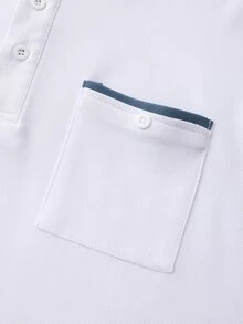 Calvornis 男士拼色長袖休閒口袋通勤 Polo 衫 - 白色 - 查看 6