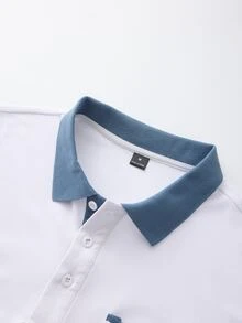 Calvornis 男士拼色長袖休閒口袋通勤 Polo 衫 - 白色 - 查看 5