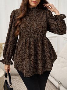 Easowa Curve Plus Size Casual Elegant Scalloped Collar Leopard Print T-Shirt, Autumn Leopard Print Top Fall Brunch Office Formal Evening Evening Brown - Black - View 4