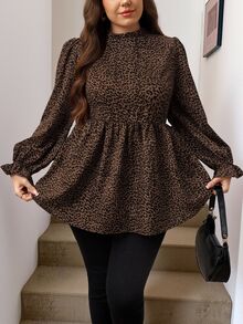 Easowa Curve Plus Size Casual Elegant Scalloped Collar Leopard Print T-Shirt, Autumn Leopard Print Top Fall Brunch Office Formal Evening Evening Brown - Black - View 3