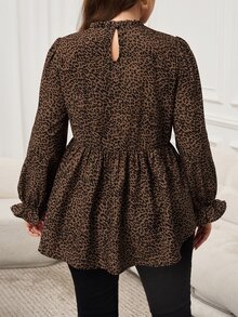 Easowa Curve Plus Size Casual Elegant Scalloped Collar Leopard Print T-Shirt, Autumn Leopard Print Top Fall Brunch Office Formal Evening Evening Brown - Black - View 10