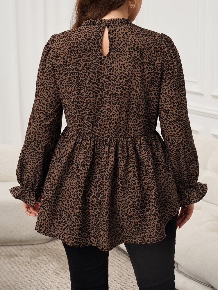 Easowa Curve Plus Size Casual Elegant Scalloped Collar Leopard Print T-Shirt, Autumn Leopard Print Top Fall Brunch Office Formal Evening Evening Brown - Black - View 9