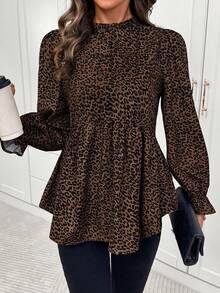 Easowa Curve Plus Size Casual Elegant Scalloped Collar Leopard Print T-Shirt, Autumn Leopard Print Top Fall Brunch Office Formal Evening Evening Brown - Black - View 8