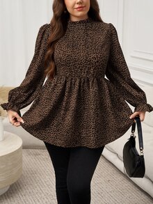 Easowa Curve Plus Size Casual Elegant Scalloped Collar Leopard Print T-Shirt, Autumn Leopard Print Top Fall Brunch Office Formal Evening Evening Brown - Black - View 9