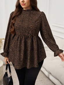 Easowa Curve Plus Size Casual Elegant Scalloped Collar Leopard Print T-Shirt, Autumn Leopard Print Top Fall Brunch Office Formal Evening Evening Brown - Black - View 7