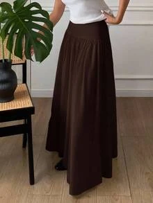 Serisse 女式纯色高腰百褶休闲时尚长裙 - 棕色 - 查看 4