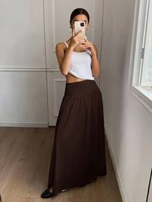 Serisse 女式纯色高腰百褶休闲时尚长裙 - 棕色 - 查看 2