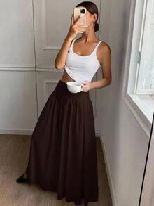 Serisse 女式纯色高腰百褶休闲时尚长裙 - 棕色 - 查看 5