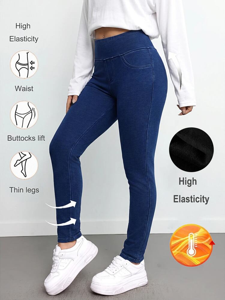 SHEIN Teen Girls Deep Blue Knitted Denim Fleece Lined Stretch Skinny Pants Cowgirl Baddi Winter Festival Outfits - Blue - View 8