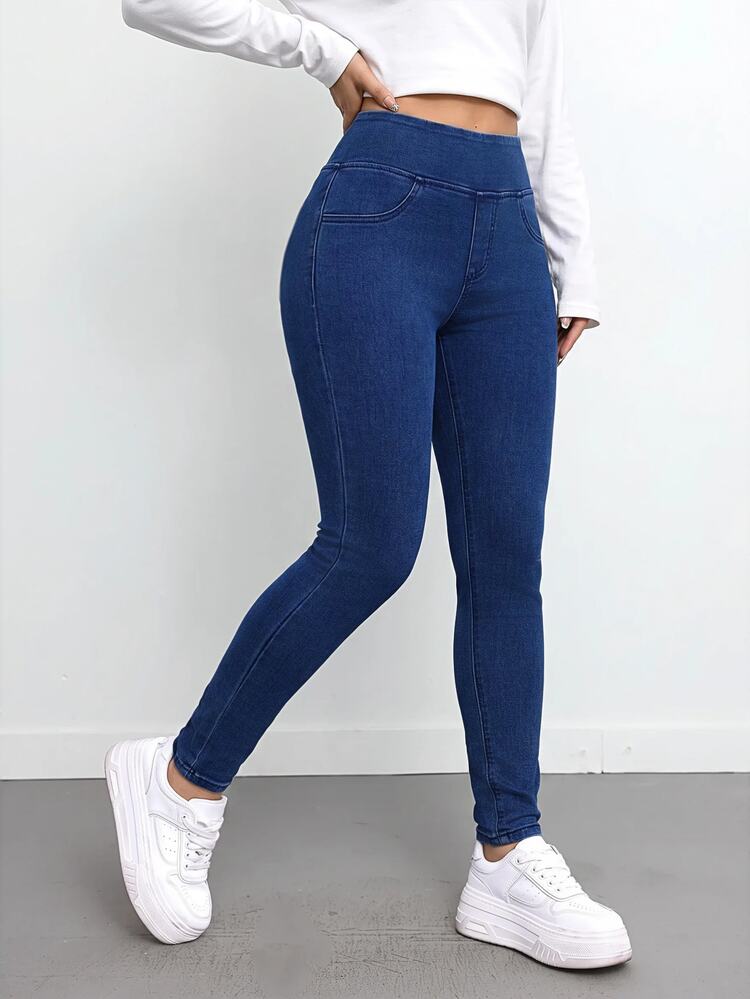 SHEIN Teen Girls Deep Blue Knitted Denim Fleece Lined Stretch Skinny Pants Cowgirl Baddi Winter Festival Outfits - Blue - View 3