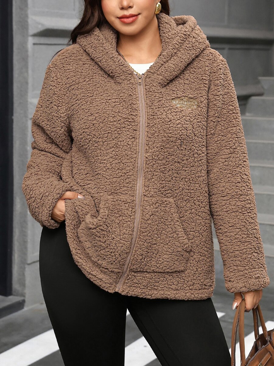 SHEIN Clasi Plus Size Women Solid Color Zipper Casual Versatile Long Sleeve Jacket - Khaki - View 1