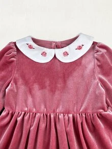 SHEIN Baby Girl Velvet Printed Peter Pan Collar Waist-Cinching Long Sleeve Ruffle Hem A-Line Dress, Suitable For Winter - Pink - View 4