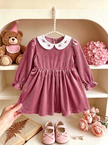 SHEIN Baby Girl Velvet Printed Peter Pan Collar Waist-Cinching Long Sleeve Ruffle Hem A-Line Dress, Suitable For Winter - Pink - View 3