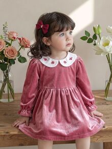 SHEIN Baby Girl Velvet Printed Peter Pan Collar Waist-Cinching Long Sleeve Ruffle Hem A-Line Dress, Suitable For Winter - Pink - View 7