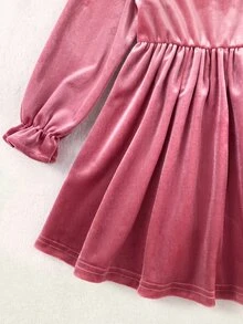 SHEIN Baby Girl Velvet Printed Peter Pan Collar Waist-Cinching Long Sleeve Ruffle Hem A-Line Dress, Suitable For Winter - Pink - View 5