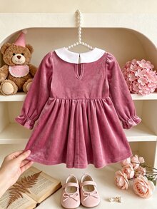 SHEIN Baby Girl Velvet Printed Peter Pan Collar Waist-Cinching Long Sleeve Ruffle Hem A-Line Dress, Suitable For Winter - Pink - View 2