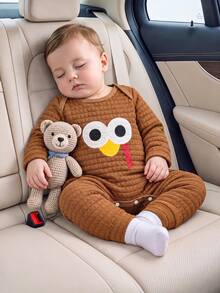 SHEIN Baby Boy Casual Cute Funny Family Matching Photoshoot Turkey Expression Colorful Tail Embroidered Textured Fabric Warm Jumpsuit Autumn Brown - Brown - View 8