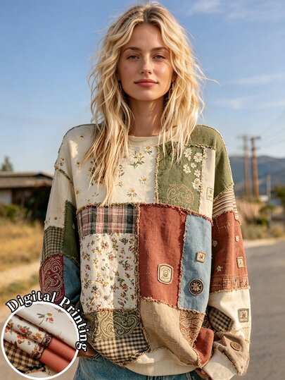 Selamara Women's Pastoral Ditsy Floral Colorblock Patchwork Raw Edge Crew Neck Sweatshirt, Vintage Niche Loose Long Sleeve Top