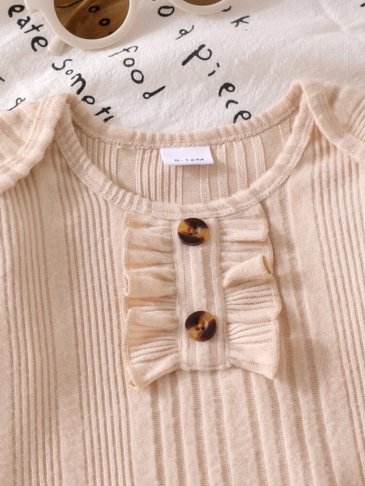 SHEIN 2pcs Baby Girl Set: Flutter Sleeve Long Sleeve Ribbed Bodysuit + Bow Applique Floral Pants, Soft Casual Spring/Autumn Newborn Baby Girl Outfit, Sweet Vintage Infant Clothing Set - Khaki - View 4