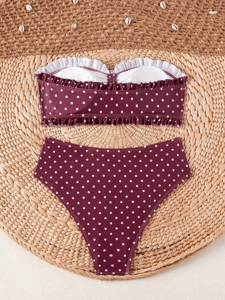 SHEIN Swim Conjunto de bikini de verano con volantes florales, escote sin tirantes y colgante de perla delicado con cordón para vacaciones en la playa - Multicolor - Añade 2