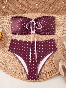 SHEIN Swim Women's Summer Beach Vacation New Cute Strapless Floral Ruffle Trim Matching Delicate Pearl Pendant Drawstring Bikini Set - Multicolor - View 5