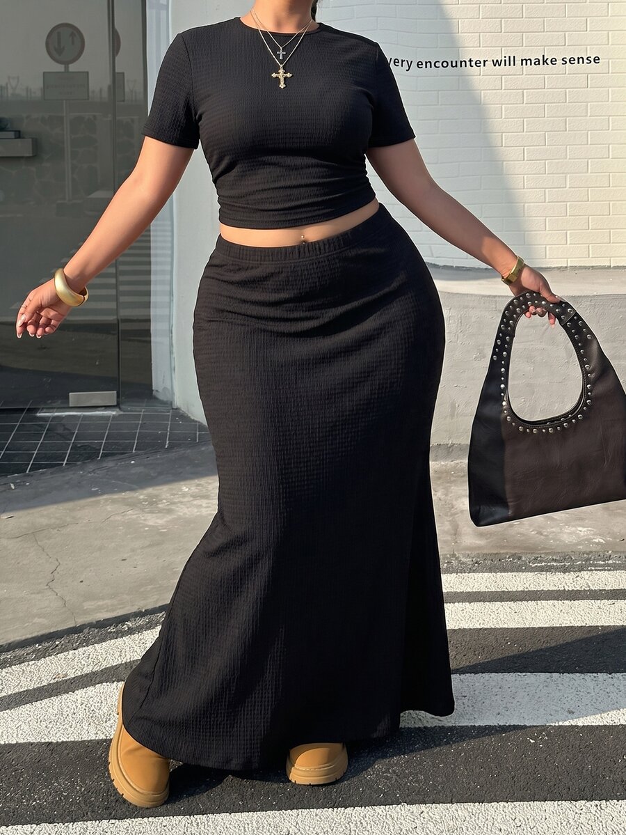 Muchica Plus Size Summer Casual Traditional Solid Color Cropped T-Shirt And Skirt 2-Piece Set Brunch Date Night Black - Black - View 1