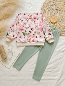 SHEIN Vintaside Kids 女童黃色漸層花卉長袖衛衣與羅紋內搭褲套裝，時尚可愛春/秋季穿搭 - 彩色 - 查看 2