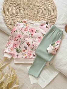 SHEIN Vintaside Kids 女童黃色漸層花卉長袖衛衣與羅紋內搭褲套裝，時尚可愛春/秋季穿搭 - 彩色 - 查看 11