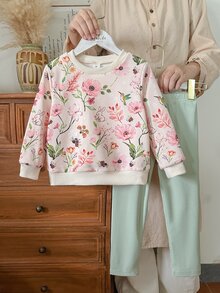 SHEIN Vintaside Kids 女童黃色漸層花卉長袖衛衣與羅紋內搭褲套裝，時尚可愛春/秋季穿搭 - 彩色 - 查看 3