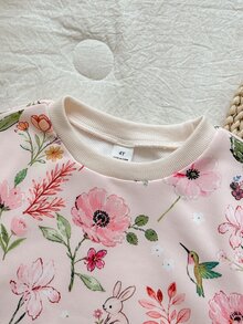 SHEIN Vintaside Kids 女童黃色漸層花卉長袖衛衣與羅紋內搭褲套裝，時尚可愛春/秋季穿搭 - 彩色 - 查看 4