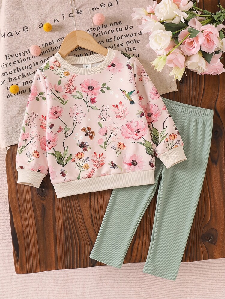 SHEIN Vintaside Kids Girls Yellow Ombre Floral Long Sleeve Sweatshirt & Ribbed Leggings Set, Fashionable & Cute Outfit For Spring/Autumn - Multicolor - View 1