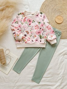 SHEIN Vintaside Kids 女童黃色漸層花卉長袖衛衣與羅紋內搭褲套裝，時尚可愛春/秋季穿搭 - 彩色 - 查看 6