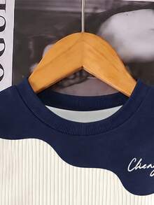 2pcs/Set Boys' Casual Fashion Comfortable Sweatshirt Set, Digital Print Pattern, Long Sleeve Top, Outfit, Autumn/Winter Wear, Deep Blue & Apricot Brown Color Block Crew Neck Sweatshirt And Sweatpants Set - Multicolor - View 4