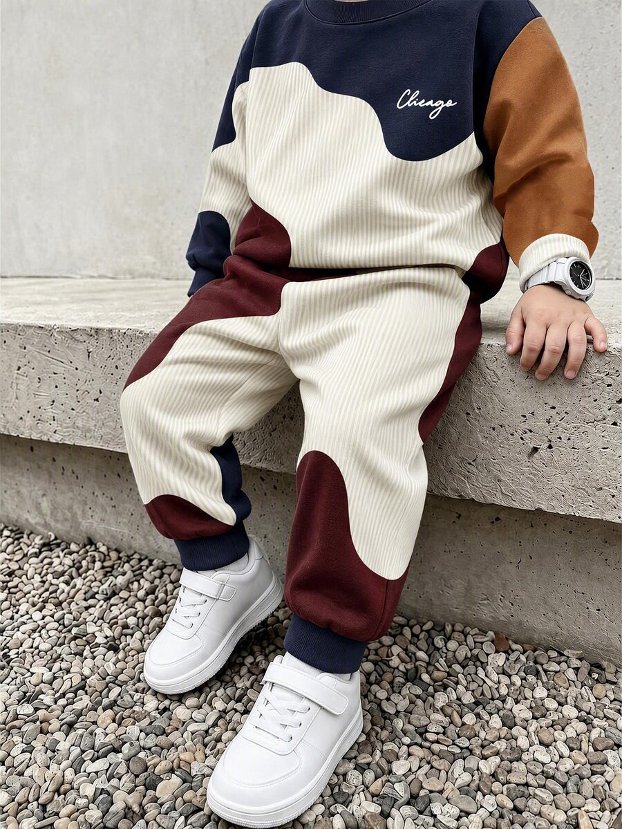 2pcs/Set Boys' Casual Fashion Comfortable Sweatshirt Set, Digital Print Pattern, Long Sleeve Top, Outfit, Autumn/Winter Wear, Deep Blue & Apricot Brown Color Block Crew Neck Sweatshirt And Sweatpants Set - Multicolor - View 1