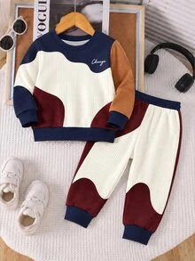 2pcs/Set Boys' Casual Fashion Comfortable Sweatshirt Set, Digital Print Pattern, Long Sleeve Top, Outfit, Autumn/Winter Wear, Deep Blue & Apricot Brown Color Block Crew Neck Sweatshirt And Sweatpants Set - Multicolor - View 2