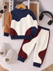 2pcs/Set Boys' Casual Fashion Comfortable Sweatshirt Set, Digital Print Pattern, Long Sleeve Top, Outfit, Autumn/Winter Wear, Deep Blue & Apricot Brown Color Block Crew Neck Sweatshirt And Sweatpants Set - Multicolor - View 3