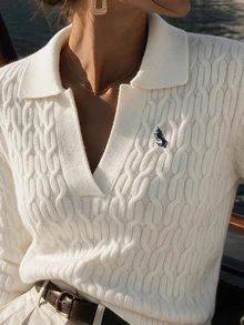 LUMIGAL Casual French Elegant Preppy Style Cable Knit Polo Collar V-Neck Pullover Sweater With Embroidered Chest Pattern For Women Cream White Fall Brunch - Beige - View 4