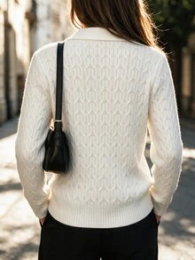 LUMIGAL Casual French Elegant Preppy Style Cable Knit Polo Collar V-Neck Pullover Sweater With Embroidered Chest Pattern For Women Cream White Fall Brunch - Beige - View 2
