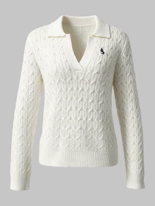 LUMIGAL Casual French Elegant Preppy Style Cable Knit Polo Collar V-Neck Pullover Sweater With Embroidered Chest Pattern For Women Cream White Fall Brunch - Beige - View 6