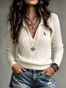 LUMIGAL Casual French Elegant Preppy Style Cable Knit Polo Collar V-Neck Pullover Sweater With Embroidered Chest Pattern For Women Cream White Fall Brunch - Beige - View 1